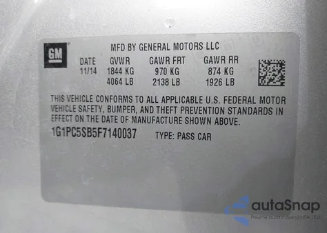 2015 Chevrolet Cruze 1Lt Auto z USA, uszkodzony, nr VIN 1G1PC5SB5F7140037